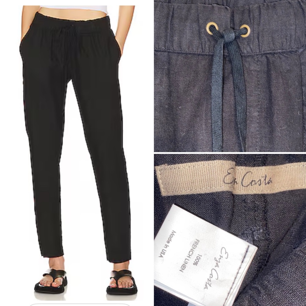 Enza Costa Black Straight Leg Linen Drawstring Pull-on Pants NEW